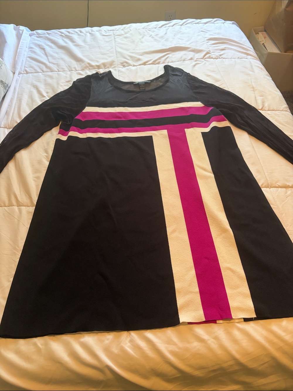 INC International Concepts Black, Fuchsia & Cream Colorblock Long Sleeve Dress